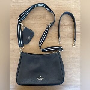 Kate Spade Black Pebbled Leather Crossbody Bag with Striped Strap and Coinpurse